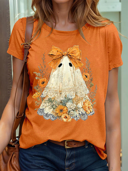 Camiseta con estampado Ghos de encaje lindo de Halloween para mujer
