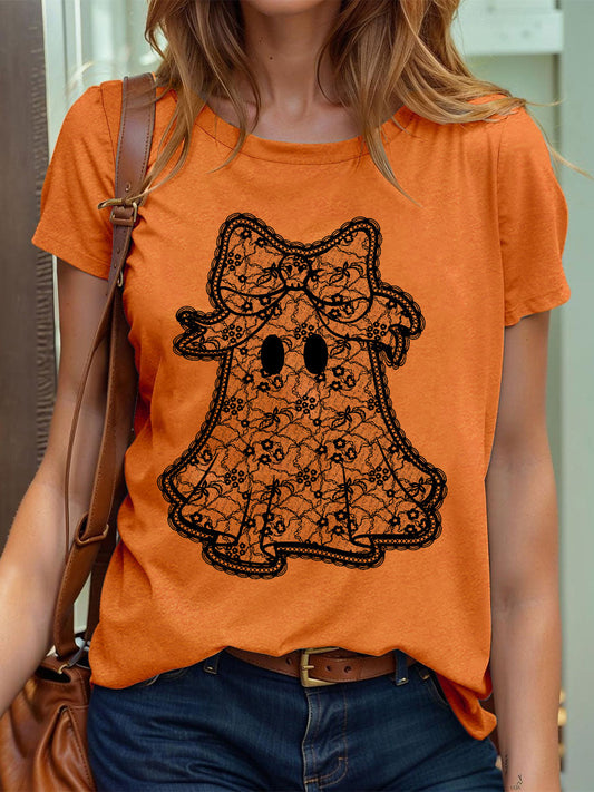 Camiseta de manga corta Halloween Lace Ghost para mujer