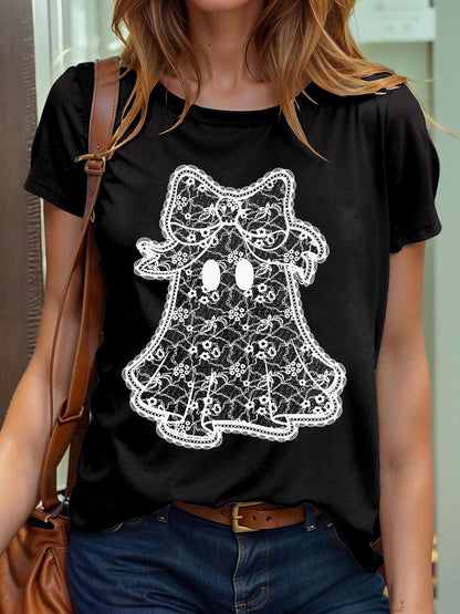 Camiseta de manga corta Halloween Lace Ghost para mujer