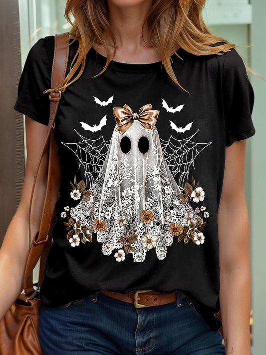Camiseta con estampado Ghos de encaje lindo de Halloween para mujer