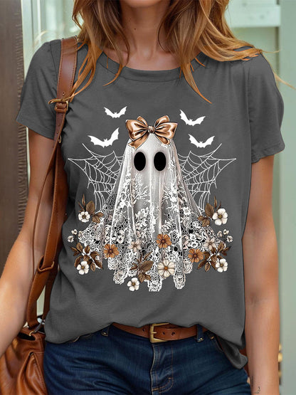 Camiseta con estampado Ghos de encaje lindo de Halloween para mujer