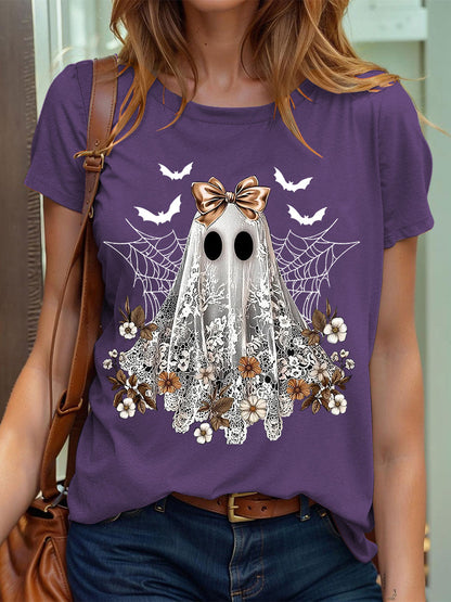 Camiseta con estampado Ghos de encaje lindo de Halloween para mujer