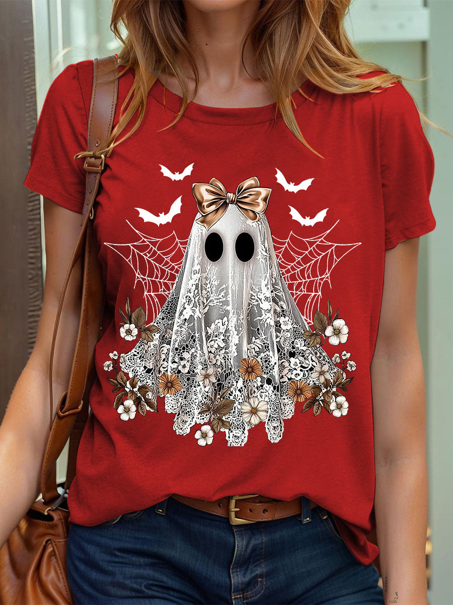 Camiseta con estampado Ghos de encaje lindo de Halloween para mujer