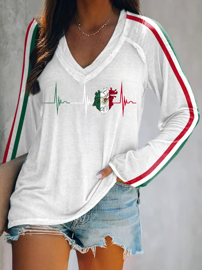 Camiseta de manga larga casual del día de la independencia mexicana de la impresión del latido del corazón de la bandera mexicana de las mujeres