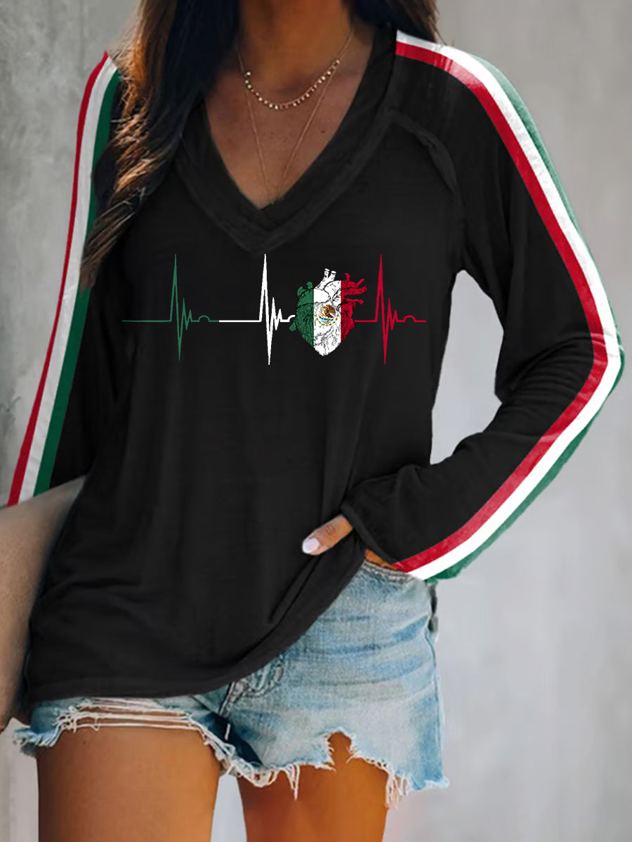 Camiseta de manga larga casual del día de la independencia mexicana de la impresión del latido del corazón de la bandera mexicana de las mujeres