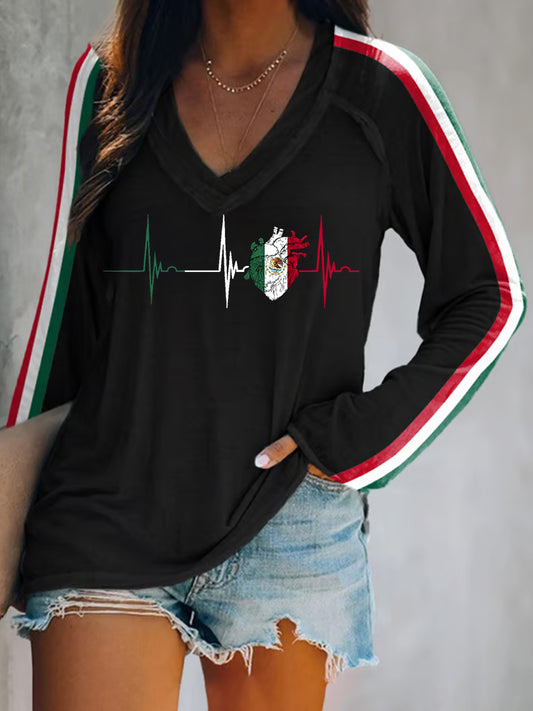 Camiseta de manga larga casual del día de la independencia mexicana de la impresión del latido del corazón de la bandera mexicana de las mujeres