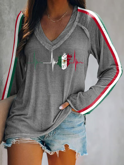 Camiseta de manga larga casual del día de la independencia mexicana de la impresión del latido del corazón de la bandera mexicana de las mujeres