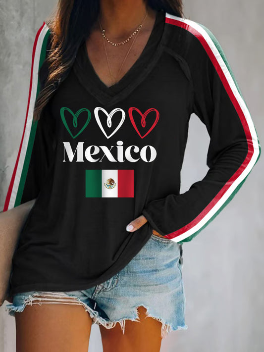 Camiseta de manga larga casual del día de la independencia mexicana de la impresión del latido del corazón de la bandera mexicana de las mujeres