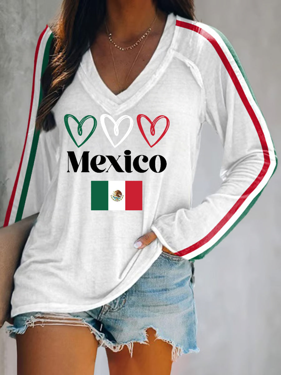 Camiseta de manga larga casual del día de la independencia mexicana de la impresión del latido del corazón de la bandera mexicana de las mujeres