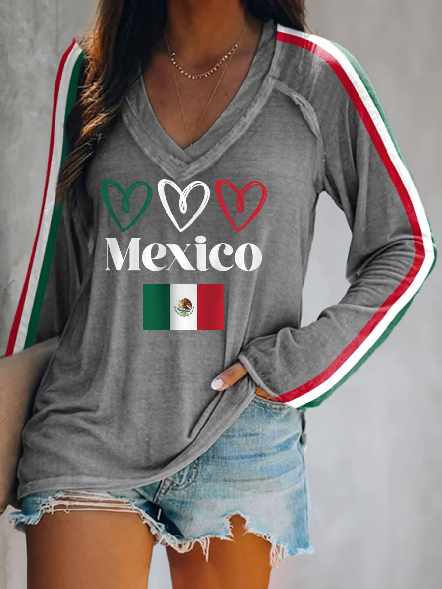 Camiseta de manga larga casual del día de la independencia mexicana de la impresión del latido del corazón de la bandera mexicana de las mujeres