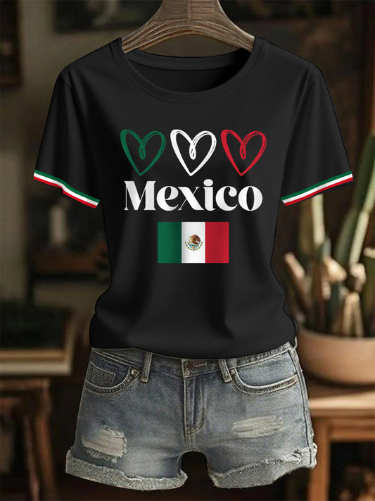 Camiseta casual del día de la independencia mexicana de la impresión del corazón del amor de la bandera mexicana de las mujeres