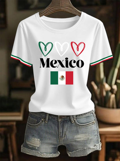 Camiseta casual del día de la independencia mexicana de la impresión del corazón del amor de la bandera mexicana de las mujeres