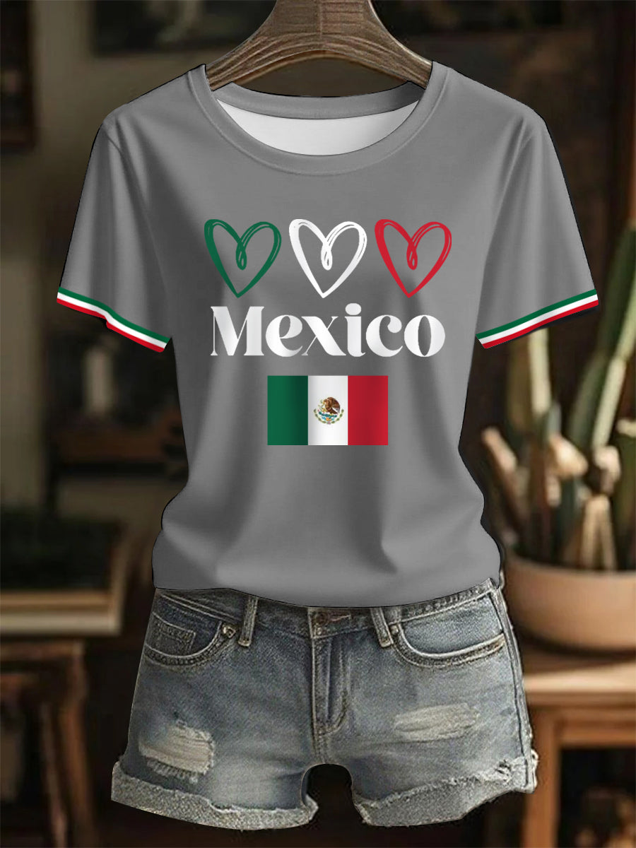 Camiseta casual del día de la independencia mexicana de la impresión del corazón del amor de la bandera mexicana de las mujeres