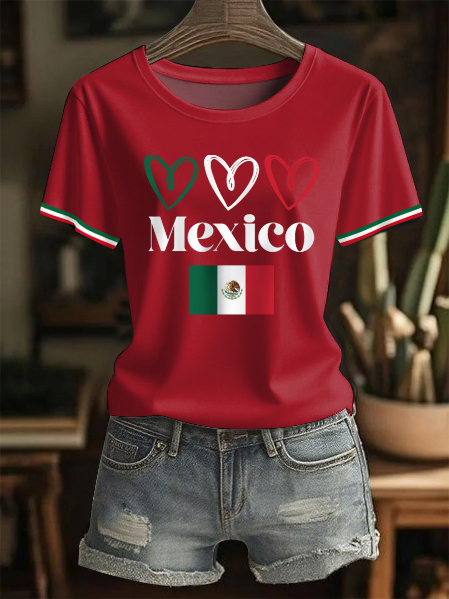 Camiseta casual del día de la independencia mexicana de la impresión del corazón del amor de la bandera mexicana de las mujeres