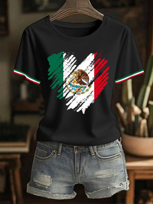 Camiseta casual del día de la independencia mexicana de la impresión del corazón del amor de la bandera mexicana de las mujeres