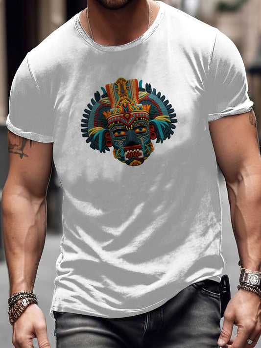 Camiseta de manga corta Azteca Mask Print Vintage Fashion para hombre
