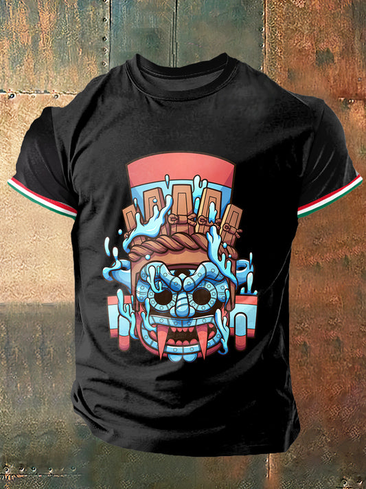 Camiseta de manga corta Azteca God Mask Print Vintage Fashion para hombre