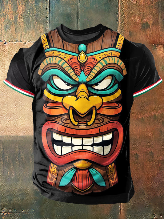 Camiseta de manga corta de moda vintage con estampado Azteca para hombre