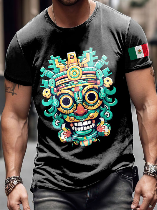 Camiseta de manga corta de moda vintage con estampado de máscara de México para hombre