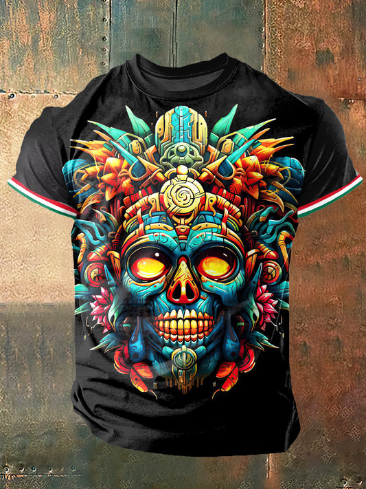 Camiseta de manga corta Azteca God Print Vintage Fashion para hombre