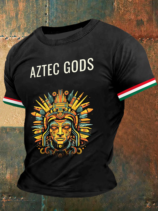Camiseta de manga corta de moda vintage con estampado de dioses aztecas para hombre