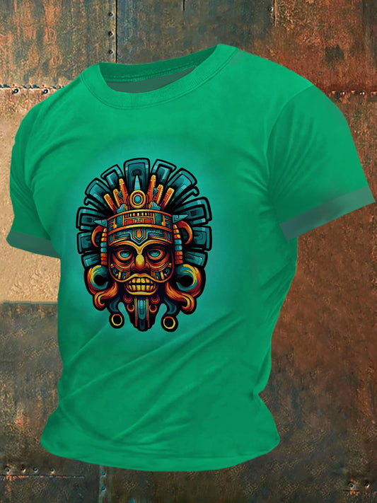 Camiseta de manga corta de moda vintage con estampado Azteca para hombre