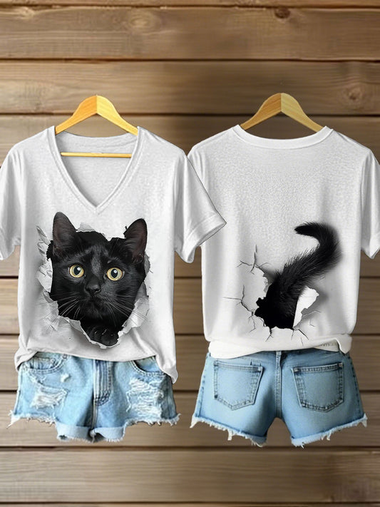 Camiseta casual con estampado de gato divertido para mujer