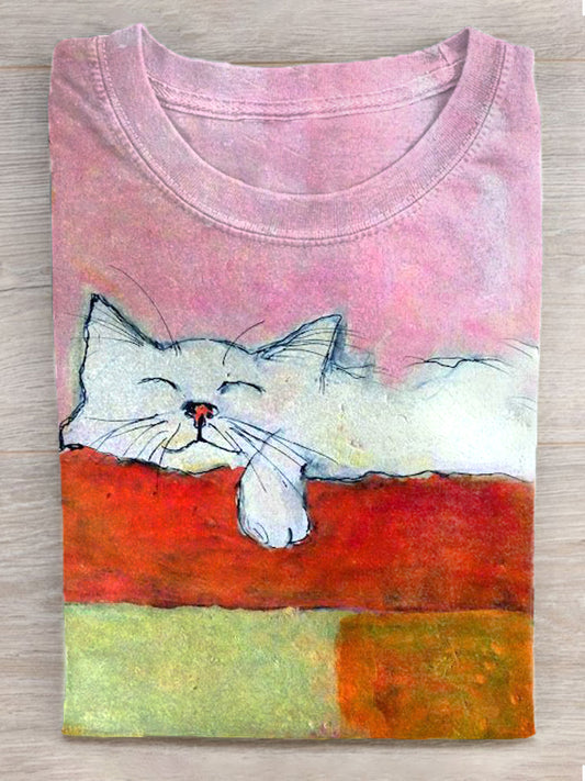 Camiseta lavada impresión del gato del arte de la pintura al óleo de las mujeres