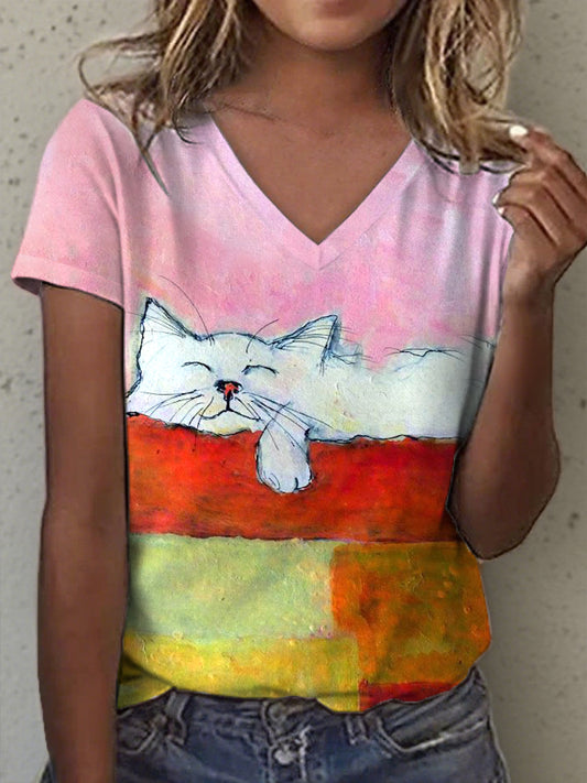 Camiseta con cuello en V de la impresión del gato del arte de la pintura al óleo de las mujeres