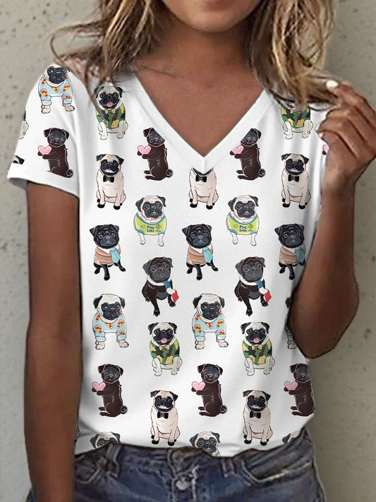 Camiseta con cuello en V y estampado Pug para mujer