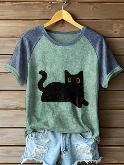 Camisetas color-bloqueado del gato negro de las mujeres