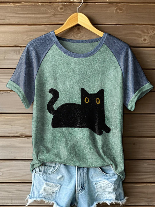 Camisetas color-bloqueado del gato negro de las mujeres