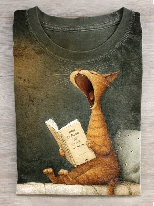 Camiseta de manga corta vintage con estampado de arte de gato para mujer