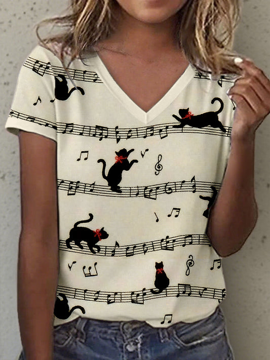 Camiseta vintage con estampado de gato y música para mujer
