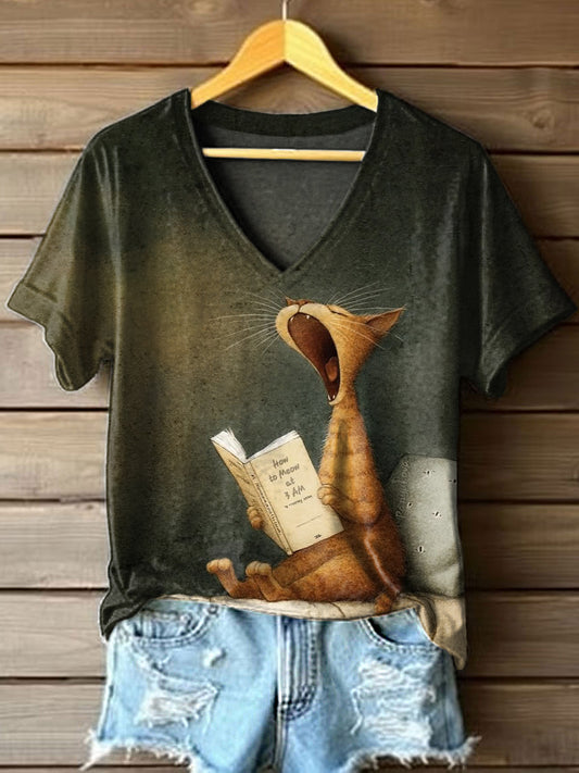 Vintage Cat Art Print V-Neck para mujer