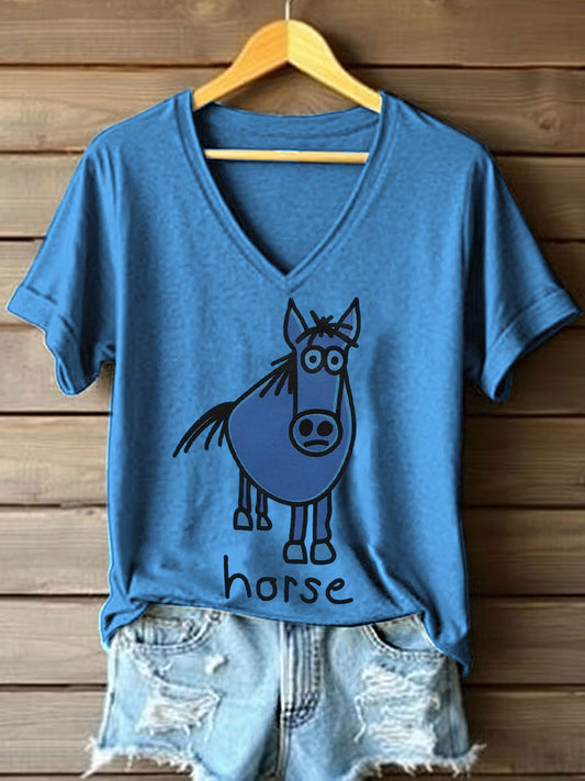 Camiseta divertida del cuello en V de la impresión del caballo de las mujeres