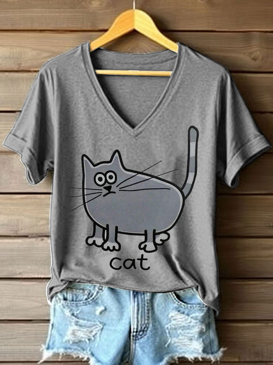 Camiseta con cuello en V y estampado de gato para mujer