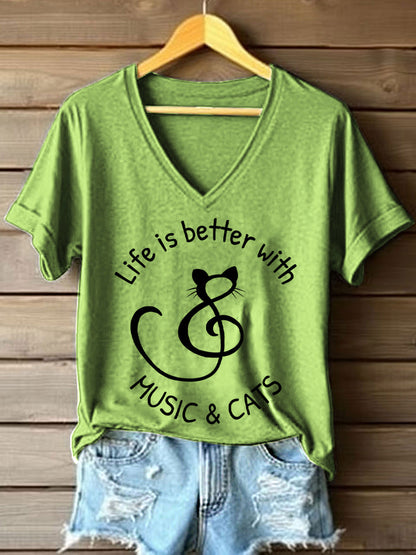 La vida de las mujeres es mejor con la música y los gatos imprimen la camiseta del cuello en V