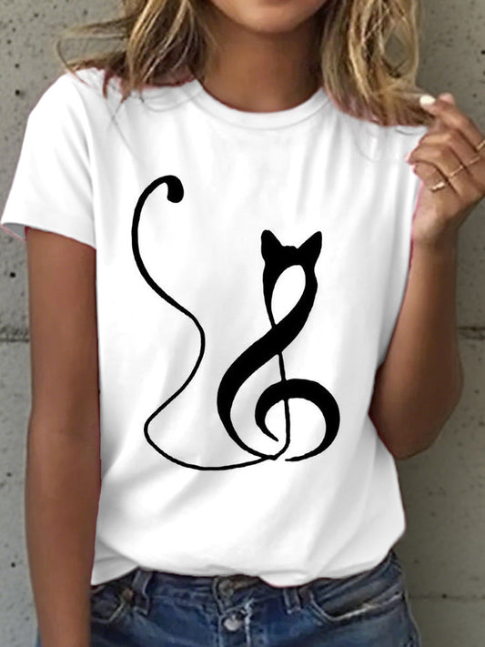 Camiseta con estampado de gato y notas musicales para mujer