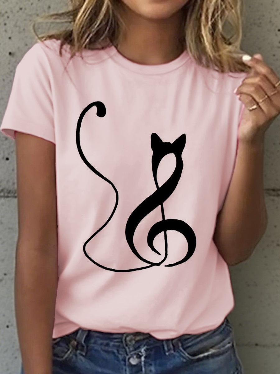 Camiseta con estampado de gato y notas musicales para mujer