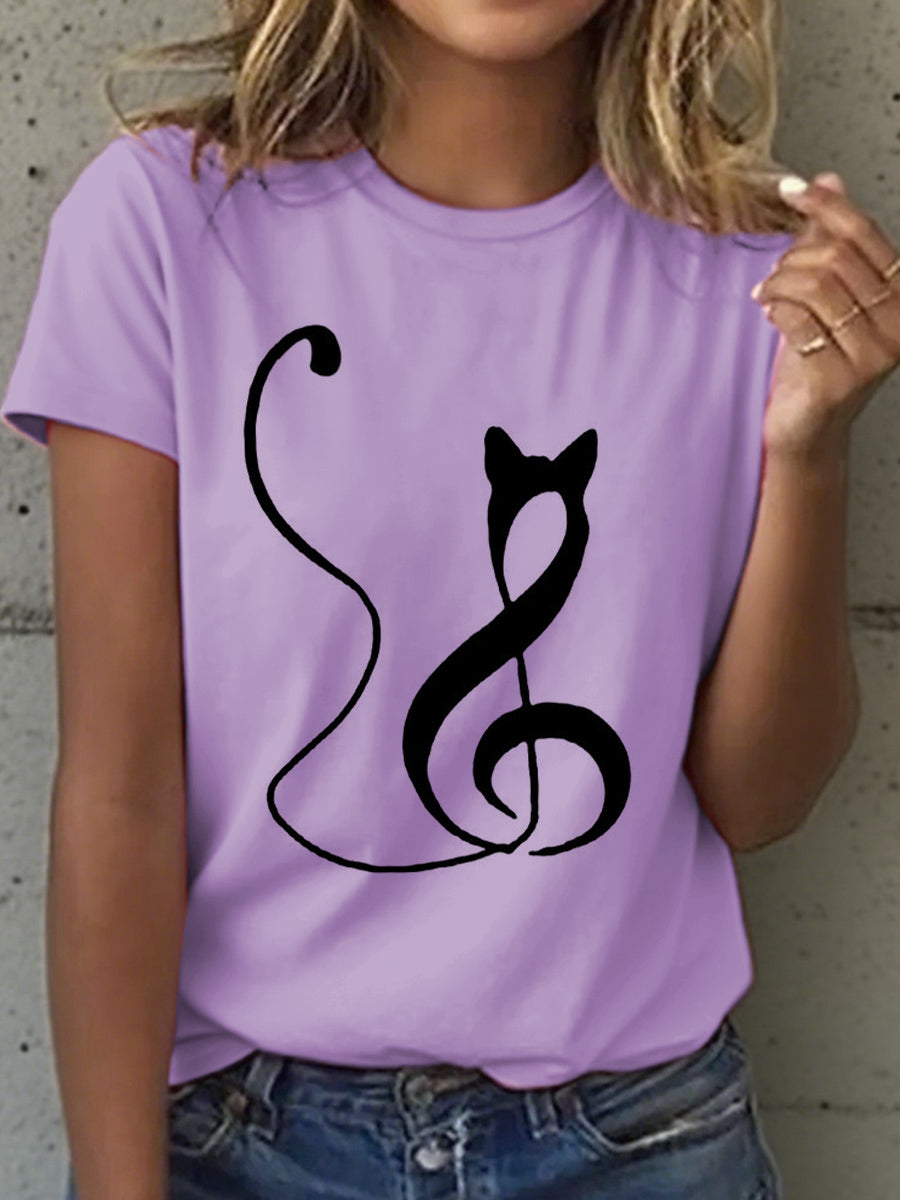 Camiseta con estampado de gato y notas musicales para mujer