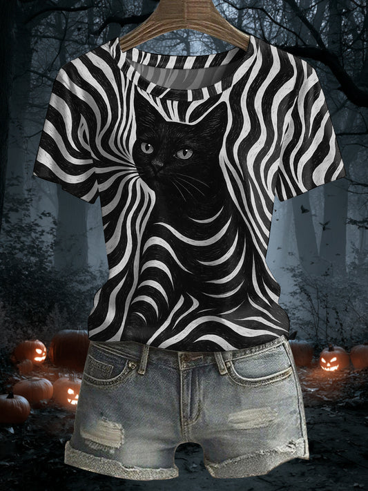 Mujer Halloween Black Cat Stripes Print Casual Tee