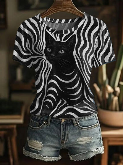 Mujer Halloween Black Cat Stripes Print Casual Tee