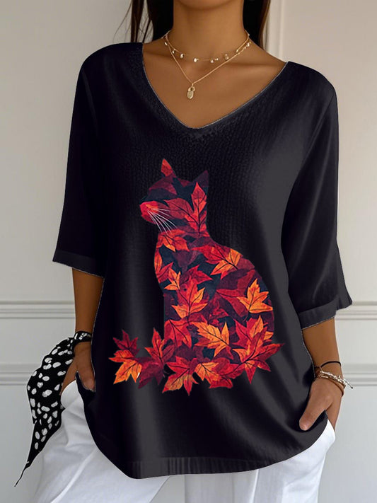Casual otoño hojas gato impreso cuello en V Top de las mujeres
