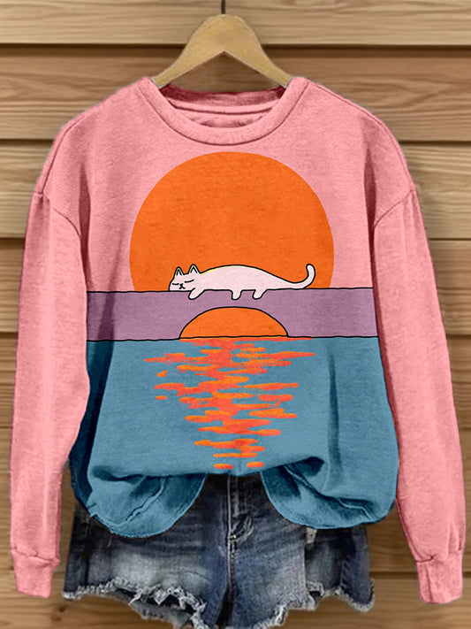 Sudadera linda de la impresión del arte del paisaje del gato de las mujeres