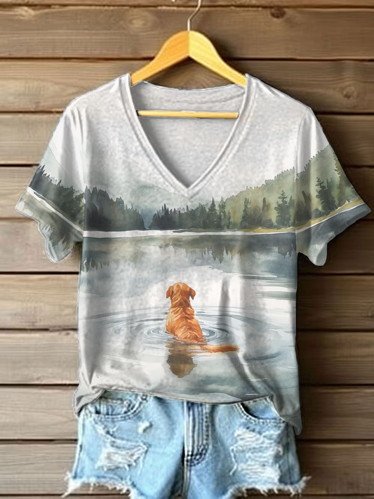 Camiseta casual con estampado de golden retriever para mujer