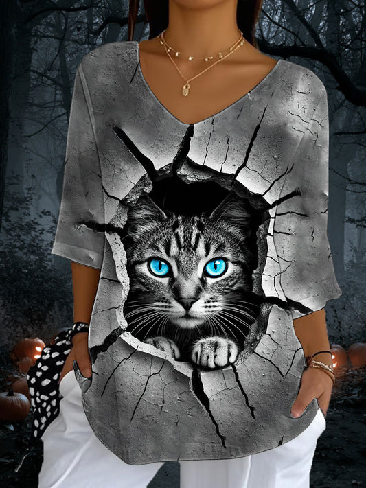 Mujer Gato Estampado Casual Media Manga Top