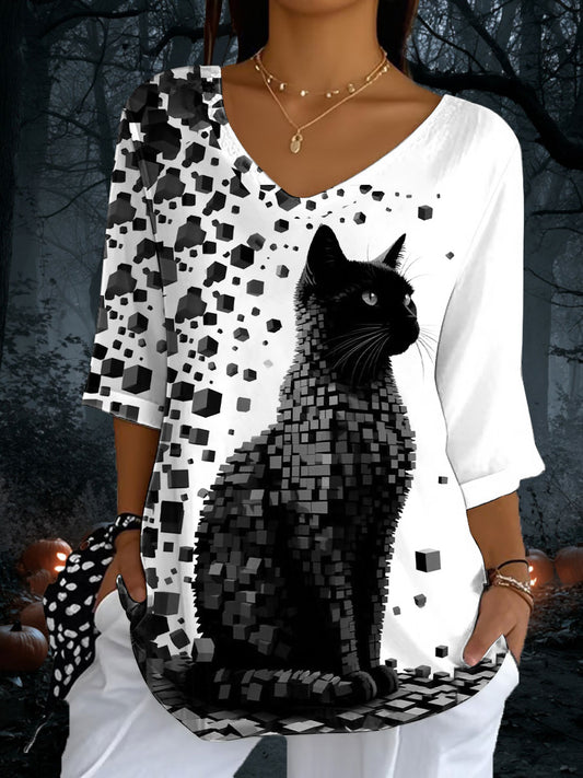 Mujer Gato Estampado Casual Media Manga Top