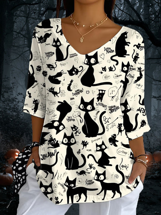Mujer Gato Estampado Casual Media Manga Top
