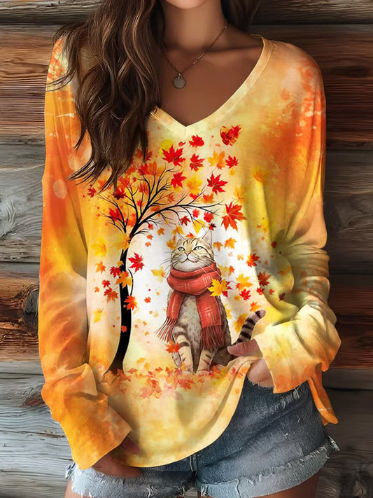 Casual de otoño de las mujeres deja gato impreso con cuello en V camisa de manga larga